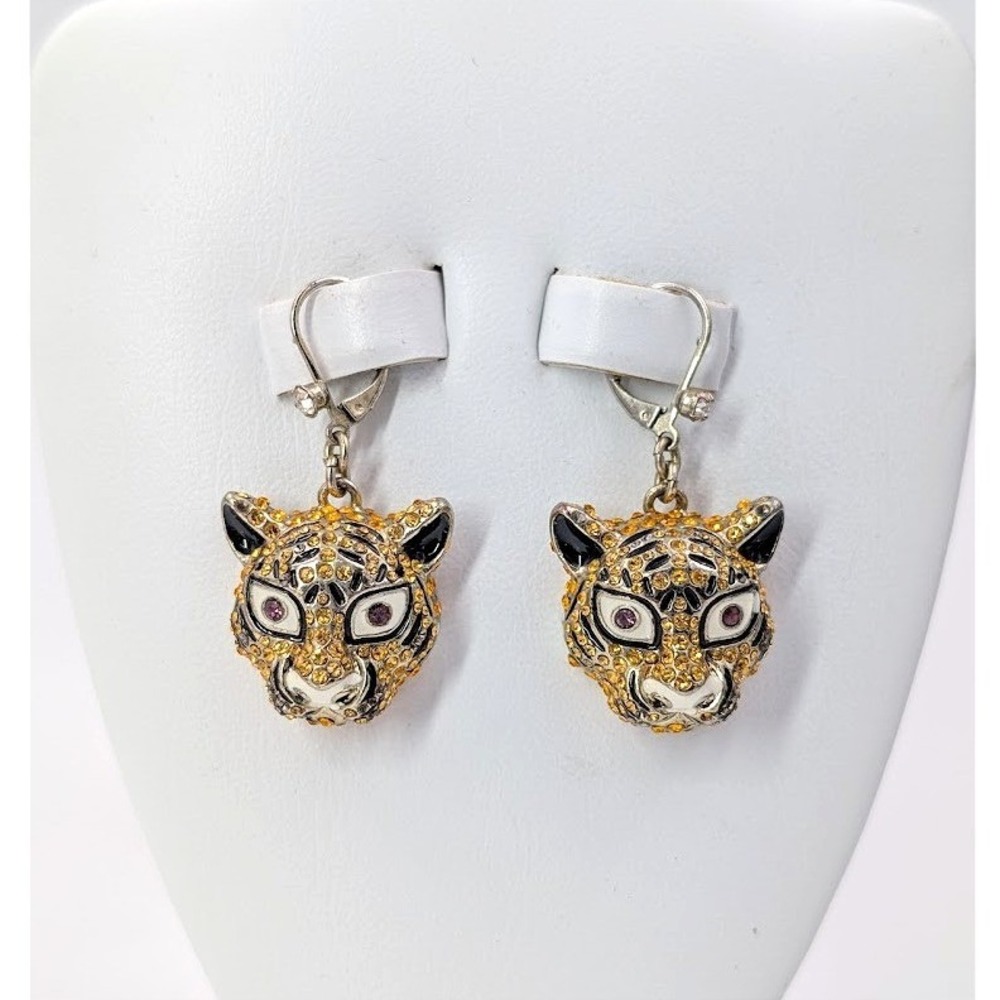 Rhinestone‎ Tiger Head Earrings Yellow 80s Retro Maximalist Dongle